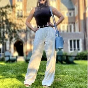 DONNI Off-White Stripe Pinstripe Linen Pleated Trousers Pants Size Large